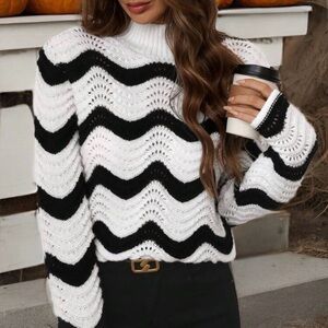 DROPPING SOON Black + White Wavy Line Pointelle Open Knit Sweater S M L XL